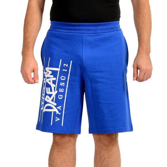 Versace Men's Mitchel Fit Royal Blue Logo Print Casual Sweat Shorts US S IT 48